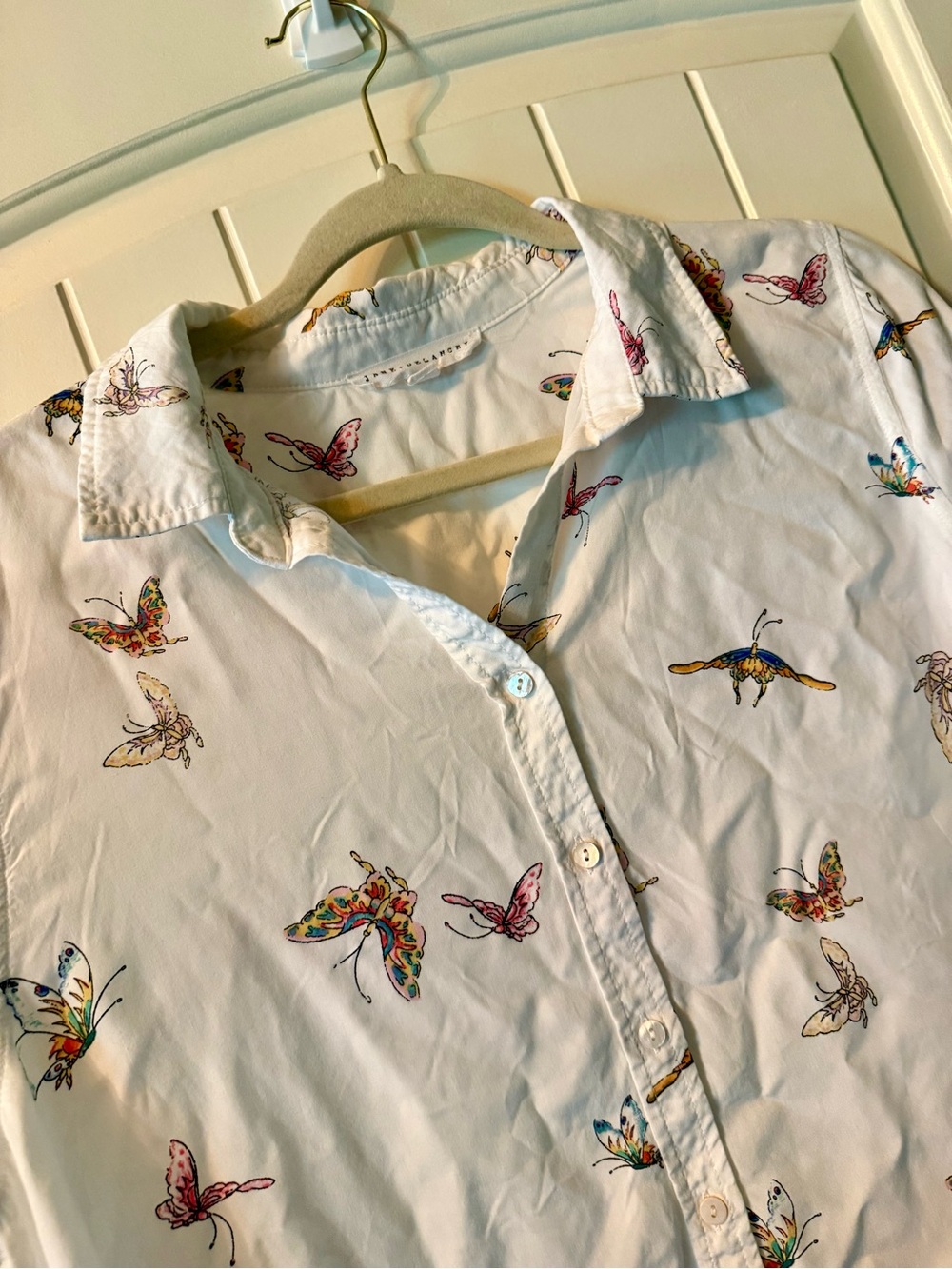 Jane and Delancey White Button-Down Shirt with Multicolor Butterfly Print